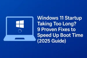 Laptop screen showing Windows 11 logo with loading icon and bold title text about fixing slow startup issues in 2025