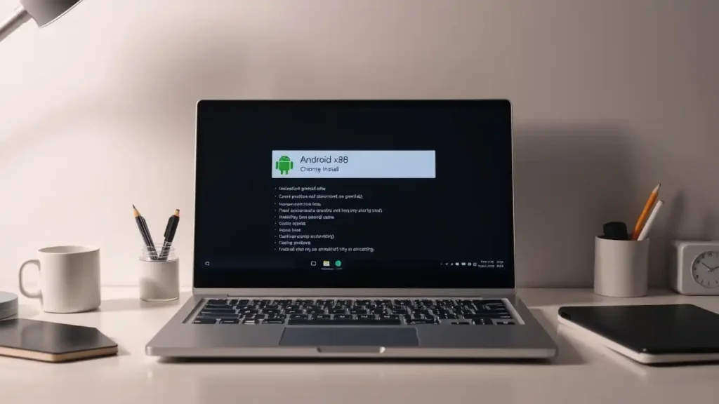 A well-lit, high-resolution image of a Chromebook display showing the Android-x86 operating system being installed. The Chromebook is positioned on a clean, minimalist desk, surrounded by a few essential office supplies. The display shows the Android-x86 installer interface with clear, readable text and intuitive menus. The scene conveys a sense of focus and productivity, with a neutral color palette and subtle shadows to create depth and dimension. The overall composition should be visually appealing and informative, serving as a useful illustration for the &quot;Installing Android-x86 on Chromebooks&quot; section of the article.