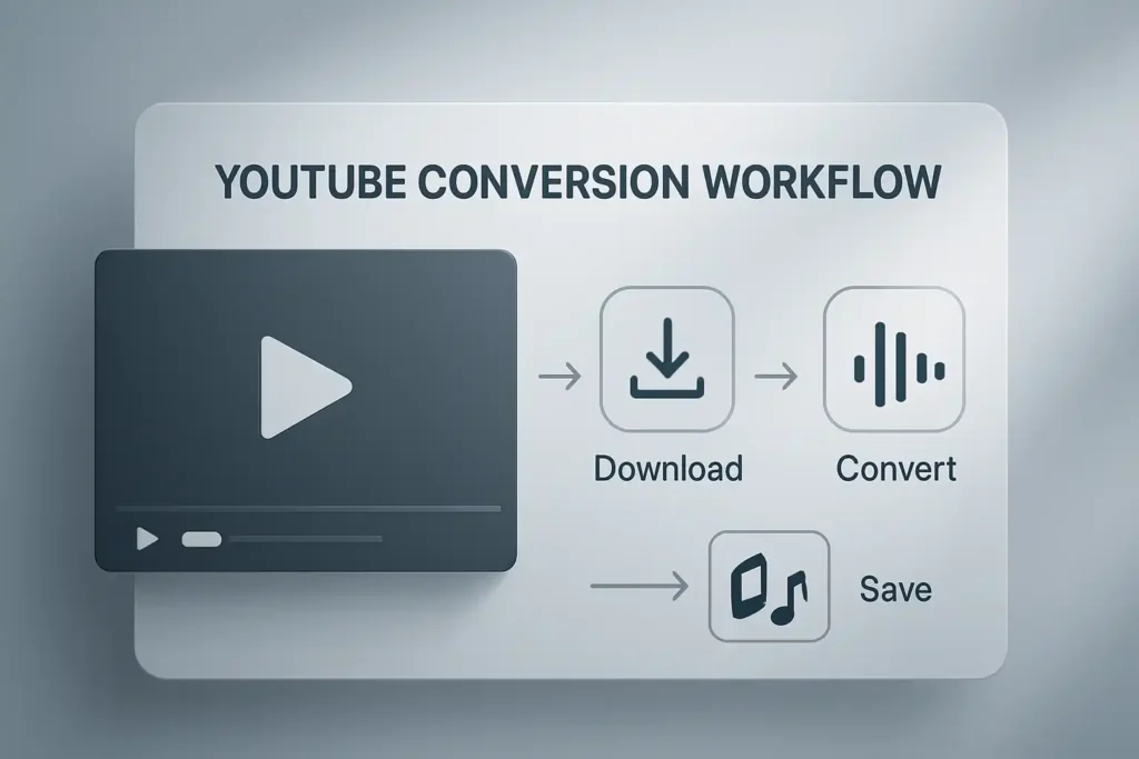 A sleek, minimalist workflow diagram showcasing the YouTube conversion process. In the foreground, a stylized representation of a YouTube video player, its screen fading into a smooth, geometric interface displaying key steps - downloading, converting, and saving the audio file. The middle ground features clean, elegant icons and infographic elements, guiding the viewer through the workflow. The background is a softly blurred, monochromatic gradient, creating a sense of depth and focus on the central process. Subtle lighting accentuates the digital, technological feel, with a cool, professional color palette. The overall composition conveys a sense of efficiency, simplicity, and user-friendliness for the YouTube audio extraction task.