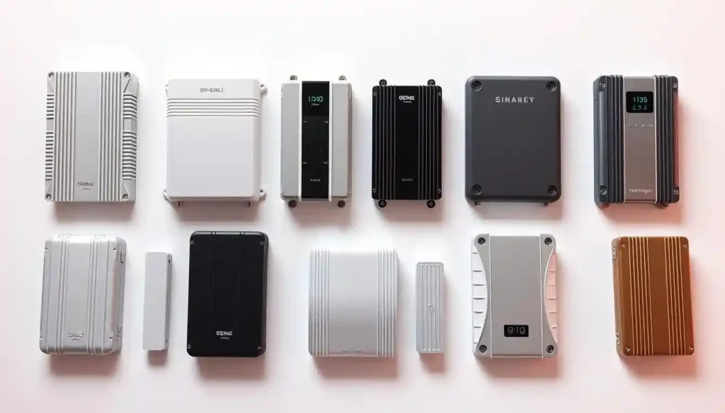 High-quality, sleek, and modern-looking cell phone signal boosters arranged in a visually appealing grid layout. The boosters are showcased against a clean, minimalist background, with soft, directional lighting highlighting their elegant designs and features. The arrangement conveys a sense of premium quality and technological sophistication. The boosters are depicted from a slightly elevated perspective, allowing the viewer to appreciate their various form factors and connectivity options. The overall mood is one of refined professionalism and cutting-edge innovation, perfectly suited to illustrate the &amp;quot;10 Best Cell Phone Signal Boosters in 2025 – Boost Your Bars&amp;quot; section.