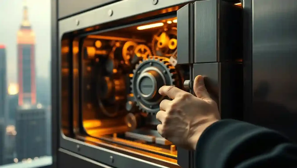 A secure digital vault, its sleek steel frame bathed in warm, focused lighting. Within, intricate gears and circuits symbolize the complex systems powering financial fraud prevention. In the foreground, a steady hand carefully enters a passcode, their face reflecting the gravity of the task. The background fades into a hazy cityscape, skyscrapers and neon signs hinting at the broader landscape of modern finance. An atmosphere of vigilance, technology, and unwavering protection pervades the scene, conveying the importance of proactive measures against financial scams.