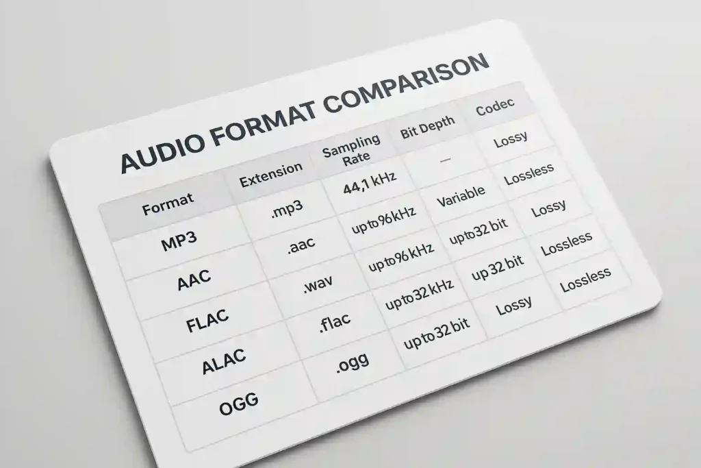 Detailed and visually striking audio format comparison chart, showcasing a comprehensive overview of popular audio file types. A clean, minimalist design with a sleek, modern aesthetic. Crisp, high-resolution rendering in a well-lit, studio-like setting, captured at a slight diagonal angle to create depth and visual interest. The chart displays key information such as file extensions, sampling rates, bit depths, and codecs in a clear, easily digestible layout. Neutral color palette with subtle gradients and elegant typography, creating a professional, technical feel that complements the subject matter.