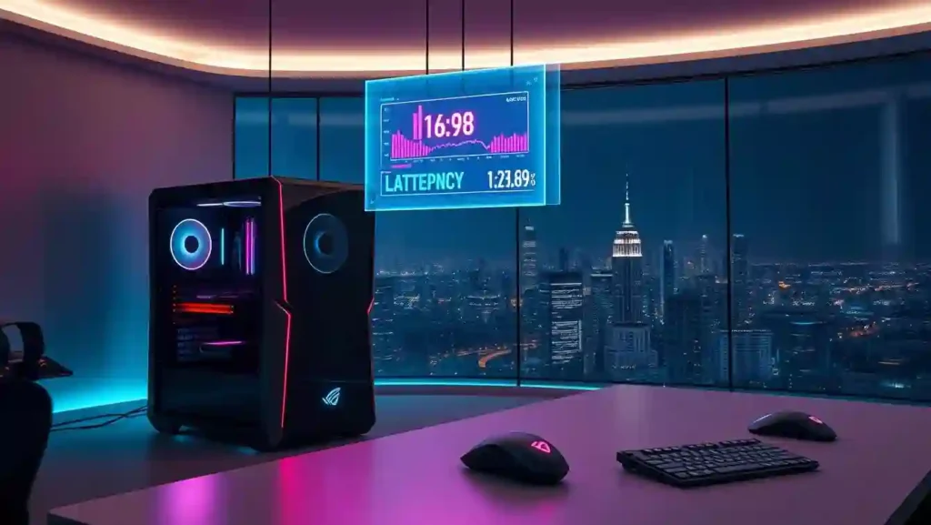 A sleek, futuristic gaming setup with a focus on Wi-Fi 7 technology and low latency. In the foreground, a sophisticated gaming PC emits a soft, ambient glow, hinting at its advanced networking capabilities. Suspended above it, a holographic display showcases real-time latency metrics, pulsing with vibrant, neon-like visuals. The middle ground features elegant, minimalist gaming peripherals, their surfaces reflecting the room's subtle, indirect lighting. In the background, a panoramic window reveals a cityscape bathed in a dusky, cyberpunk-inspired palette, suggesting the rapid advancements in wireless technology transforming the gaming landscape.