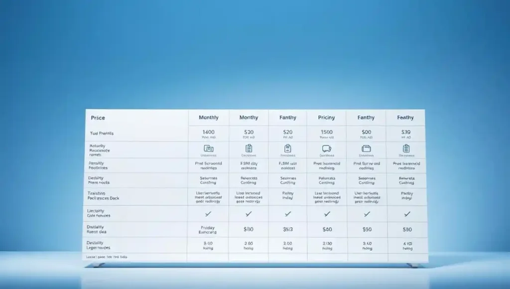 A sleek, minimalist table display showcasing the pricing comparison of Jio broadband plans. The foreground features a clean, well-organized data grid with plan details, monthly costs, and data limits. The middle ground includes neatly arranged icons and infographic elements to highlight key features. The background is a soft, muted gradient in shades of blue, conveying a sense of professionalism and trust. Lighting is soft and diffused, creating depth and emphasizing the clarity of the information. The overall composition is balanced, using a low camera angle to suggest authority and reliability of the Jio broadband offering.