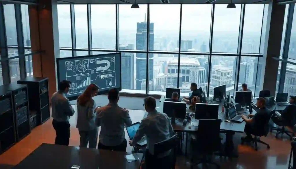 A sleek, modern office interior with floor-to-ceiling windows overlooking a bustling cityscape. In the foreground, a group of professionals huddle around a table, discussing technical schematics and diagrams projected onto a large, high-resolution display. The lighting is warm and ambient, casting a soft glow over the scene. In the middle ground, rows of workstations are occupied by employees deeply engaged with their laptop screens, surrounded by state-of-the-art networking equipment and servers. The background showcases a panoramic view of the city, hinting at the global connectivity and enterprise-level solutions offered by the SME broadband services.