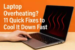 Laptop overheating with cooling fan beside it, showing solutions to fix heat issues quickly