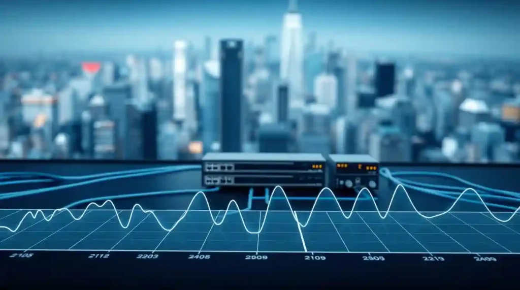 A network infrastructure diagram depicting the flow of data packets across routers, switches, and network cables. The foreground showcases a graph visualizing network latency, with fluctuating lines and numeric values to represent real-time latency measurements. The middle ground features stylized 3D models of network hardware, arranged in a logical topology. The background depicts a blurred cityscape, symbolizing the global reach and interconnectivity of the modern internet. The lighting is crisp and directional, casting subtle shadows to emphasize the depth and technicality of the scene. The overall mood is one of analytical precision, with a touch of dynamism to convey the real-time nature of network performance.