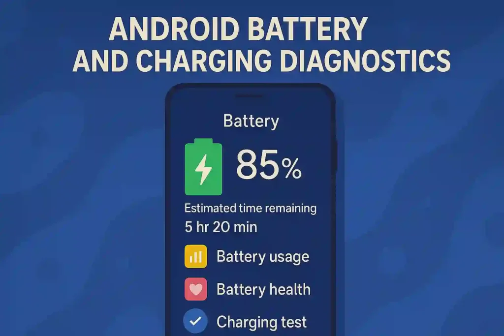 Android battery and charging diagnostics screen showing common issues and solutions for 2025.