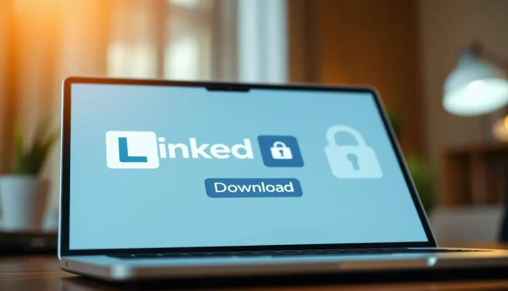 A secure data transfer illustration showcasing a close-up view of a sleek, modern laptop display. The screen depicts the LinkedIn logo and a prominent "Download" button, conveying the secure nature of the process. The foreground features clean, minimalist design elements with a muted color palette, emphasizing professionalism and trust. The middle ground showcases a subtle grid or lock icon, symbolizing the encrypted and protected nature of the download. The background maintains a softly blurred, out-of-focus effect, directing the viewer's attention to the central laptop display. Warm, directional lighting from the top left casts subtle shadows, adding depth and dimension to the scene. The overall mood is one of confidence, security, and seamless digital experience.