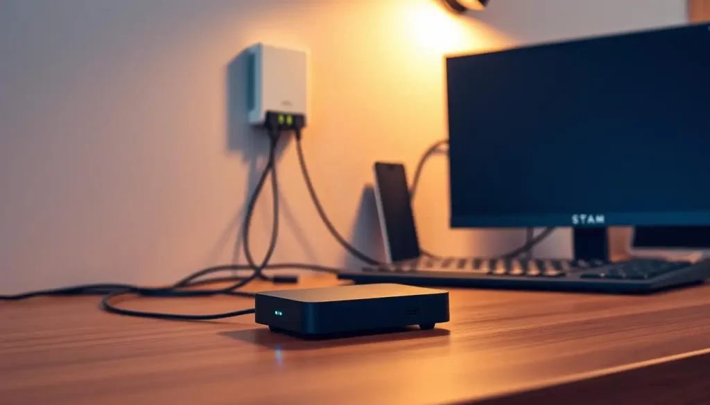 A sleek, modern office desk with a desktop computer, monitor, and keyboard. In the foreground, a Steam Link device is prominently displayed, its LED indicator glowing softly. The desk is illuminated by warm, diffused lighting, casting a cozy, productive atmosphere. In the background, a minimalist wall-mounted network router and several neatly organized ethernet cables create a technical, yet visually appealing, configuration. The overall scene conveys a sense of a well-designed, efficient home office setup for seamless Steam Link desktop access.