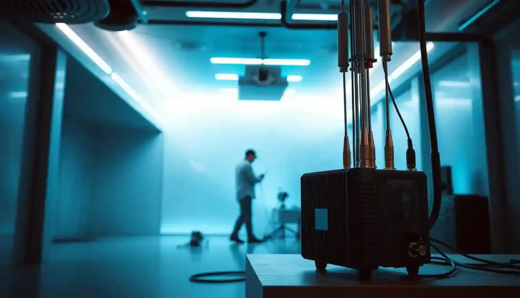 A sleek, modern interior with a dimly lit, techno-industrial atmosphere. In the foreground, a professional-grade cell phone signal booster is being carefully installed, its various ports and antennas visible. The middle ground features a person in work attire, intently focused on the task at hand, tools and equipment neatly arranged. The background showcases a clean, minimalist room with sophisticated lighting, hinting at the high-tech nature of the setup. Subtle blue and green hues create a calming, yet futuristic ambiance, complementing the precision of the installation process.