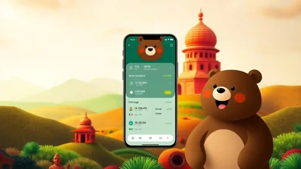 A visually striking and user-friendly TunnelBear VPN interface designed for Indian users, showcasing a clean and intuitive layout against a vibrant backdrop. The foreground features the app's signature bear mascot, conveying a sense of warmth and approachability. The middle ground displays the VPN's key features, including server locations, connection status, and data usage, all presented in a clear and organized manner. The background is a rich, colorful landscape inspired by Indian cultural motifs, creating a visually engaging and immersive experience. The lighting is soft and natural, casting a welcoming glow over the entire scene. The overall mood is one of simplicity, accessibility, and trustworthiness, perfectly suited for the Indian user base.