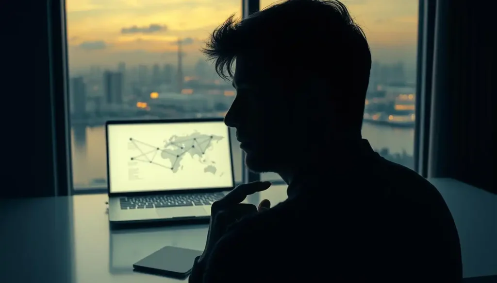 A serene, dimly lit workspace with a sleek, modern desk and a large window overlooking a peaceful cityscape. On the desk, a laptop displays an abstract visualization of AI systems, with lines and shapes representing the complex considerations of ethical AI writing. Soft, warm lighting illuminates the scene, creating a contemplative atmosphere. In the foreground, a thoughtful writer ponders the implications of AI-assisted creativity, their face partially obscured by the glow of the screen. The overall mood conveys the importance of carefully navigating the ethical landscape of AI-powered writing tools.