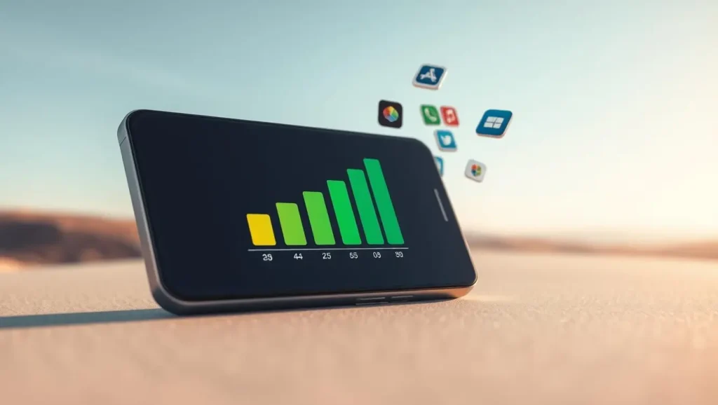 A sleek, modern smartphone displays a battery life graph, the bars gradually increasing as a series of stylized app icons float around it. The scene is bathed in a soft, warm lighting, casting subtle shadows and highlights that accentuate the device's streamlined design. In the background, a clean, minimalist landscape unfolds, conveying a sense of efficiency and technological progress. The overall composition suggests the positive impact of using optimized, resource-friendly apps on a smartphone's battery performance.