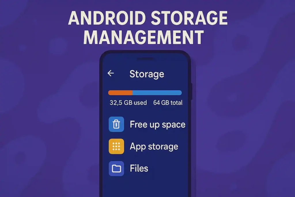 Android storage management interface showing storage details and recommendations for resolving common problems in 2025.