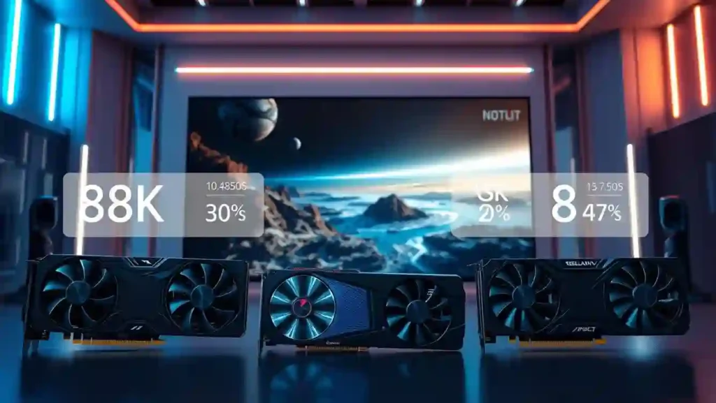 A highly detailed, photorealistic comparison of the latest 8K gaming performance across leading graphics cards. The foreground showcases three state-of-the-art GPUs in a sleek, well-lit studio setting, their technical specifications and benchmarks prominently displayed. The middle ground features a large 8K gaming display, showcasing breathtaking visuals and smooth frame rates. The background depicts a futuristic, high-tech environment with subtle neon accents, creating an immersive and technologically advanced atmosphere. Lighting is precise, with a balance of hard and soft shadows, emphasizing the powerful hardware and the display's visual fidelity. The overall composition conveys a sense of cutting-edge performance, technological innovation, and the future of ultra-high-resolution gaming.
