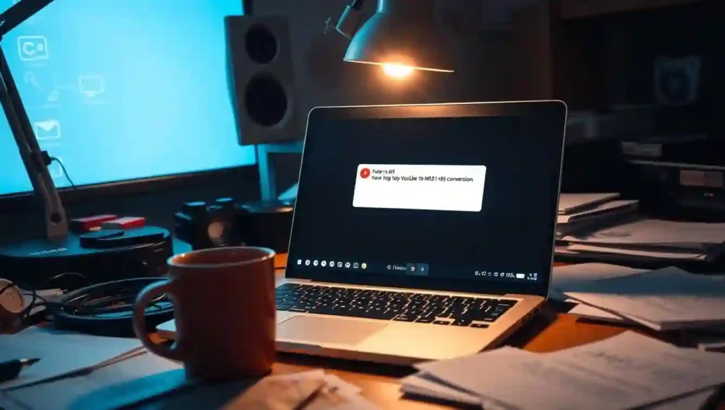 A cluttered workspace with an open laptop, coffee mug, and scattered papers. The laptop screen displays an error message about a failed YouTube to MP3 conversion. Bright, warm lighting from a desk lamp illuminates the scene, creating a focused, problem-solving atmosphere. Technical-looking icons and UI elements are subtly visible in the background, hinting at the digital nature of the issue. The composition emphasizes the laptop as the central focus, drawing the viewer's attention to the troubleshooting challenge at hand.