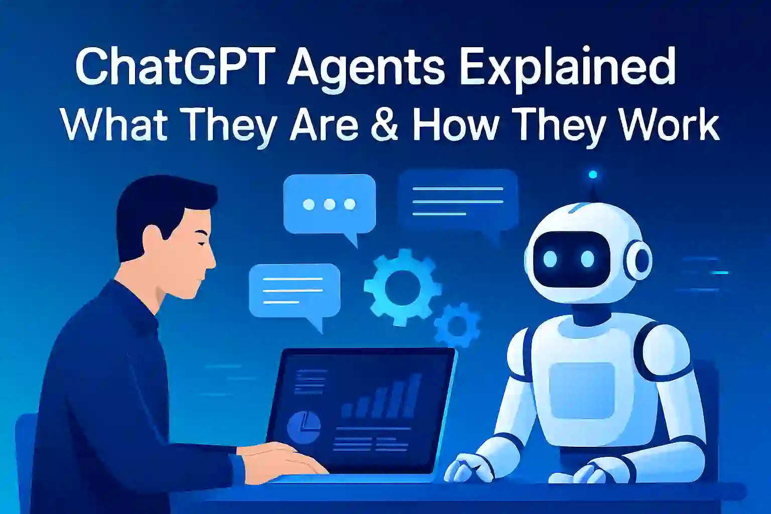 Digital illustration of ChatGPT Agents explained – AI assistant working with a human professional using data charts and chat bubbles.