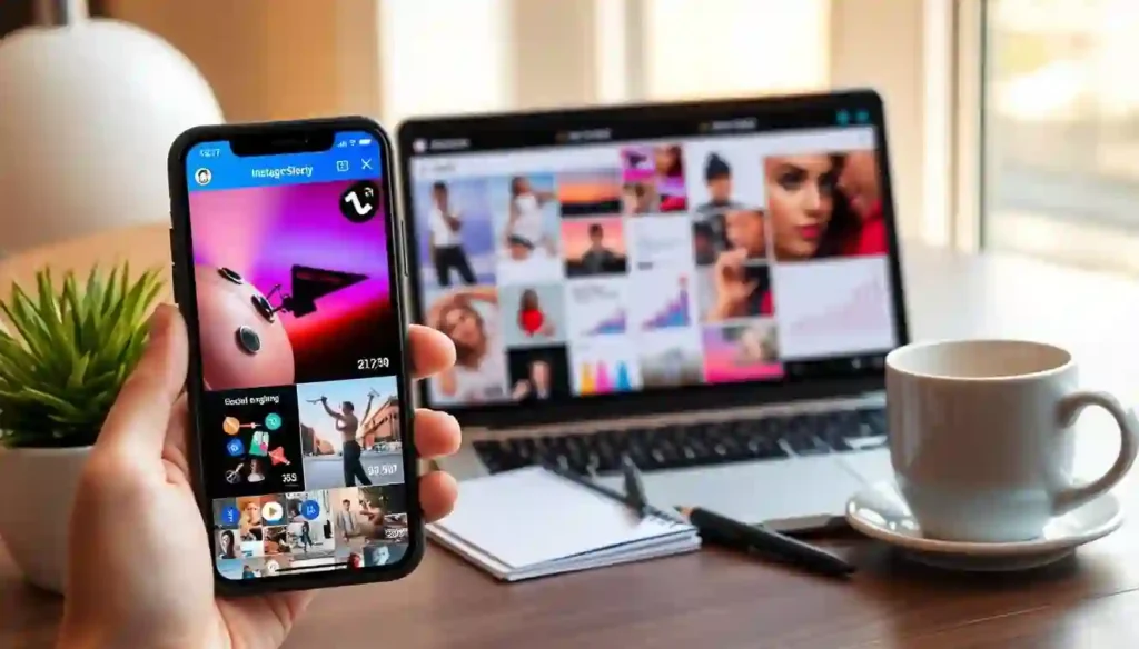 Prompt A vibrant Instagram story feed, showcasing various growth strategies. In the foreground, a smartphone display highlights engaging stories with eye-catching visuals, dynamic layouts, and interactive elements. The middle ground features a collage of social media analytics, displaying metrics such as reach, engagement, and follower count. In the background, a sleek, minimalist workspace with a laptop, notes, and a cup of coffee, symbolizing the planning and optimization process behind effective Instagram story growth. The scene is illuminated by a warm, natural light, creating a cohesive and visually appealing composition that inspires and informs the viewer.
