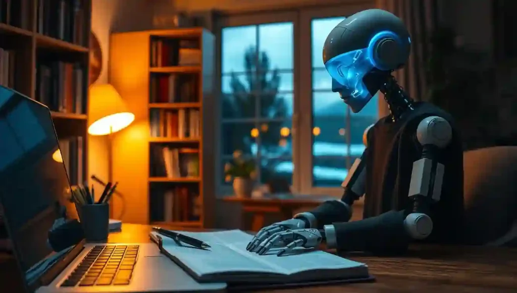 A cozy writer's study, illuminated by warm task lighting. In the foreground, a laptop and notebook, with a pen hovering over the page, poised to capture the writer's inspiration. In the middle ground, a humanoid AI assistant leans in, offering suggestions and insights, its display screen showcasing a flow of ideas. The background features bookshelves, a window overlooking a serene landscape, and subtle technological flourishes, creating an atmosphere of creative collaboration between human and machine. The scene conveys a sense of focus, productivity, and the seamless integration of artificial intelligence into the novel writing process.