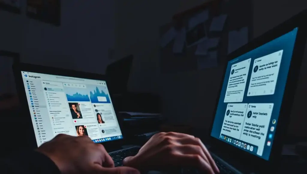 A dimly lit office space, the glow of a laptop screen casting shadows across a desk cluttered with social media analytics data. In the foreground, a person's hands hover over the keyboard, brows furrowed in frustration as they navigate a confusing dashboard of likes, comments, and follower counts. The middle ground reveals a collage of Instagram screenshots, depicting common growth mistakes like buying fake followers, using irrelevant hashtags, and posting at the wrong times. In the background, a cork board covered in scattered notes and printouts, a visual representation of the trial-and-error process of growing an Instagram account. The overall atmosphere is one of tension and discouragement, capturing the challenges of navigating the intricacies of Instagram growth.