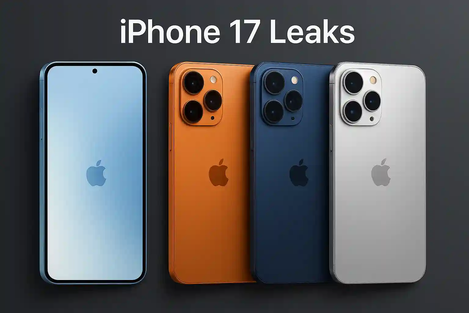 iPhone 17 Air and Pro models in sky blue, copper orange, dark blue, and silver colors showcasing new design leaks