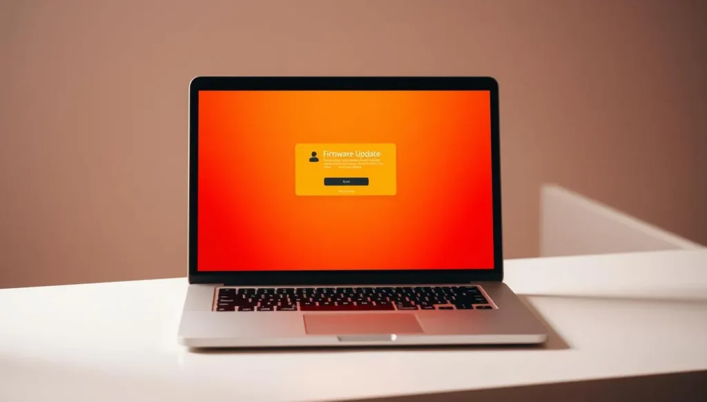 A sleek, silver MacBook Pro laptop sits on a minimalist, white desk. The laptop's screen displays a firmware update window, glowing an intense orange hue. The scene is bathed in warm, soft lighting, creating a focused, technical ambiance. The laptop's aluminum chassis reflects the gentle light, adding a premium, professional feel. The background is blurred, drawing the viewer's attention to the firmware update process unfolding on the display. The composition is clean and balanced, emphasizing the importance of this critical software update for the MacBook Pro.