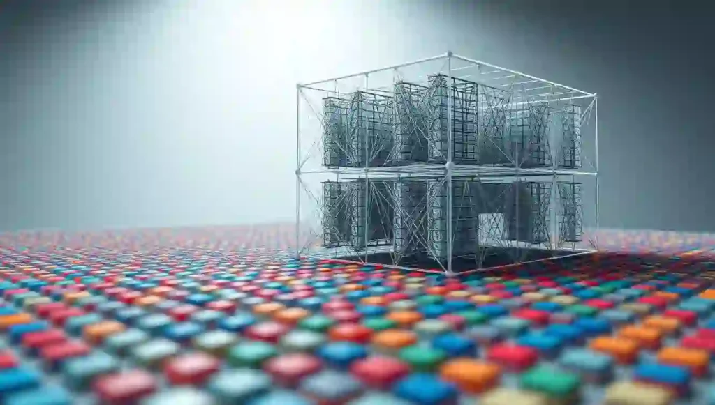 A close-up view of a transformer-based neural network architecture, showcasing the tokenization process. The foreground features a grid of colored squares representing the input tokens, with attention mechanisms visualized as intricate lines connecting the tokens. The middle ground displays the transformer layers, each block revealing the inner workings of the self-attention and feed-forward neural network components. In the background, a wire-frame 3D model of the overall transformer structure looms, conveying the complex mathematical underpinnings. The scene is illuminated by a soft, neutral lighting, casting subtle shadows and highlighting the technical details. The mood is one of scientific exploration, inviting the viewer to delve into the inner workings of this state-of-the-art language modeling technology.