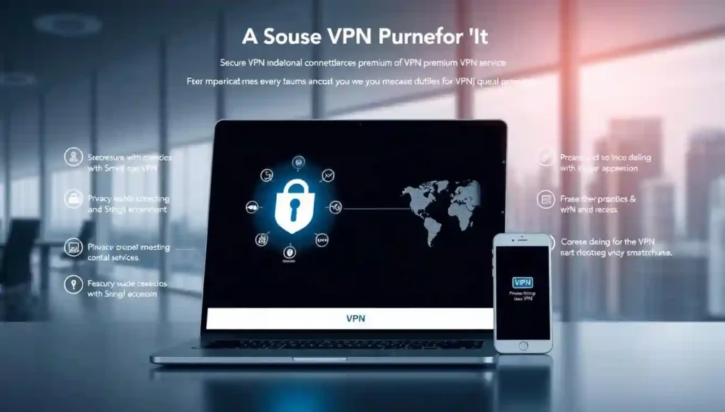 a professional, sleek, and modern illustration of the key benefits of a premium VPN service. The foreground features a sophisticated laptop or desktop computer displaying a secure VPN connection, with elegant icons and visuals representing privacy, speed, and global access. The middle ground showcases a mobile device, tablet, or smartphone, also connected to the VPN, to convey the cross-device functionality. In the background, a minimalist cityscape or office environment sets the scene, with subtle lighting and depth of field to create a premium, high-quality aesthetic. The overall mood is one of confidence, reliability, and the value-added features of a premium VPN solution.