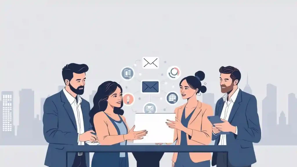 A modern, minimalist illustration of business marketing use cases. In the foreground, a group of diverse professionals collaborate on a digital marketing strategy, their expressions focused and engaged. In the middle ground, various marketing tactics are depicted as stylized icons - social media platforms, email campaigns, SEO optimization, and data analytics. The background features a sleek, abstract cityscape, hinting at the wider business landscape. The overall tone is professional, forward-thinking, and visually striking, reflecting the subject matter of platform selection for marketing purposes.