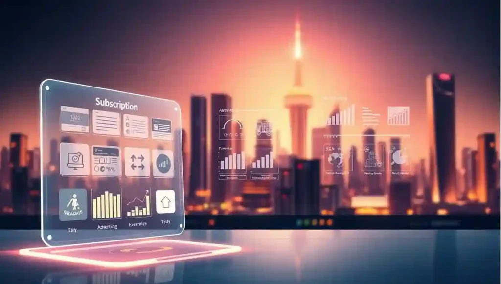 Monetization strategies comparison 2025, a futuristic financial landscape. In the foreground, a stylized holographic display showcases various revenue models - subscription, advertising, e-commerce, and more. The middle ground features dynamic data visualizations, charts, and infographics analyzing the performance and potential of each strategy. The background is a sleek, minimalist cityscape bathed in a warm, neon-tinged glow, representing the cutting-edge technological advancements of the era. The scene is captured through a wide-angle lens, creating a sense of depth and grandeur, as if the viewer is immersed in this vibrant, data-driven world of digital monetization.