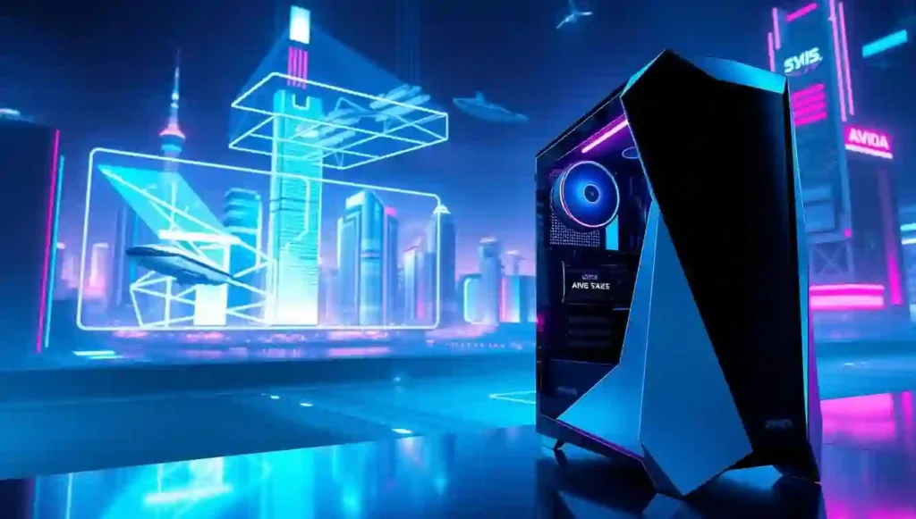 A sleek, chrome-accented gaming PC stands in the foreground, its angular design and RGB lighting hinting at the advanced GPU technology within. In the middle ground, holographic displays showcase cutting-edge rendering techniques, ray tracing, and AI-powered upscaling. The background features a futuristic cityscape, neon-lit skyscrapers and hovering transport, conveying the sense of a technologically advanced world. The scene is bathed in a cool, bluish-white light, creating a futuristic, high-tech atmosphere.