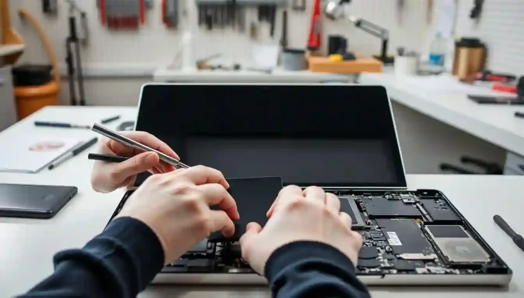  A person troubleshooting a MacBook Pro with a screwdriver while working on a laptop displaying an orange screen.