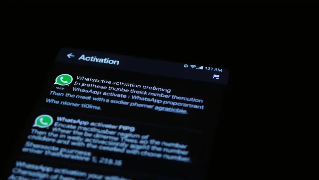 A close-up view of a smartphone screen displaying various WhatsApp activation error messages, set against a dimly lit, grainy background. The screen shows different error codes and descriptions, conveying the troubleshooting process for resolving these common issues. The image has a technical, problem-solving atmosphere, with subtle highlights and shadows accentuating the screen's details. The composition emphasizes the importance of understanding and addressing these activation problems to use WhatsApp without a phone number.