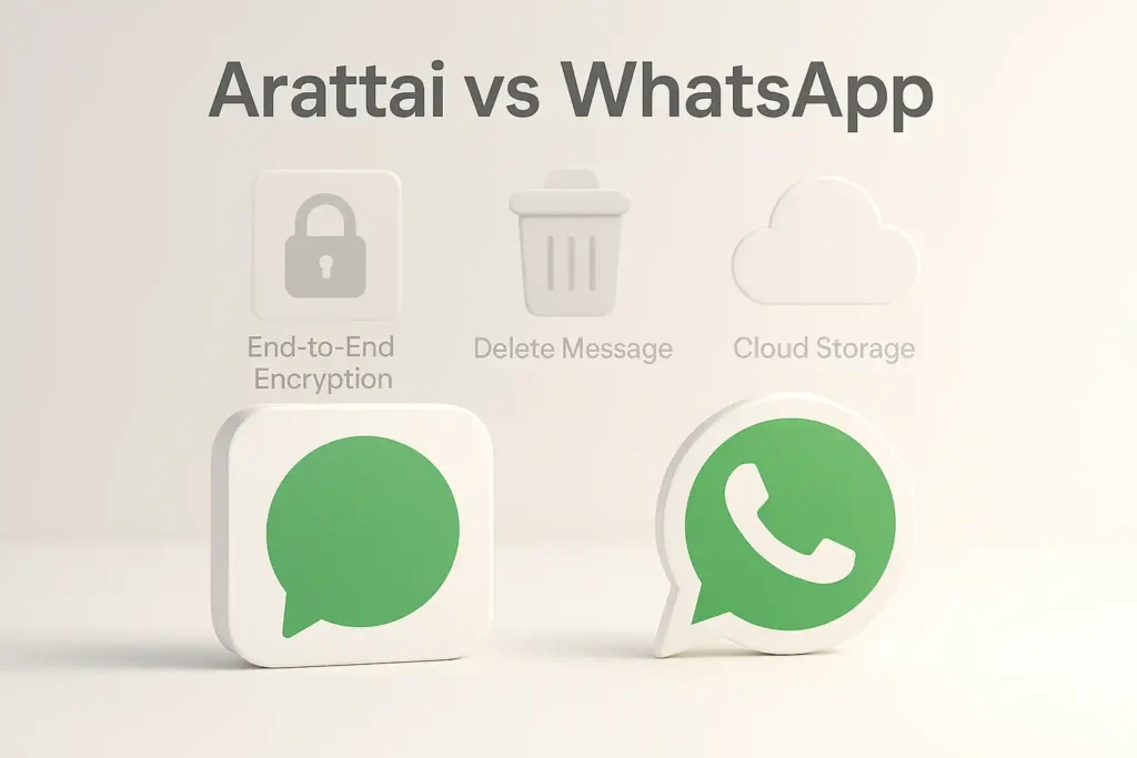 A detailed comparison of secure messaging apps with a clean, minimalist design. In the foreground, the logos of Arattai and WhatsApp float in a serene, light-filled environment. The middle ground showcases key features like end-to-end encryption, message deletion, and cloud storage options, rendered as sleek, abstract icons. The background is a soft, muted gradient, conveying a sense of security and privacy. The lighting is soft and diffused, creating depth and dimensionality. The camera angle is slightly elevated, giving an overview of the comparison. The overall mood is one of trust, professionalism, and technological sophistication.