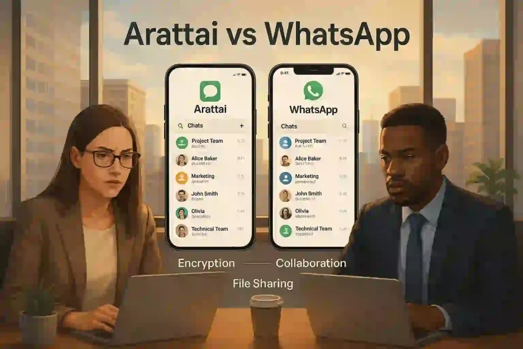 A high-resolution, detailed comparison of business communication apps Arattai and WhatsApp. In the foreground, two professionals engaged in a video call, expressions focused and serious, surrounded by modern office decor. In the middle ground, a side-by-side display of app interfaces, highlighting key features like encryption, collaboration tools, and file-sharing capabilities. The background depicts a bustling cityscape through large windows, conveying a sense of productivity and professionalism. Warm, directional lighting illuminates the scene, creating depth and drawing the viewer's attention to the central comparison. The overall mood is one of analytical, tech-savvy assessment of the tools that power effective business communication.