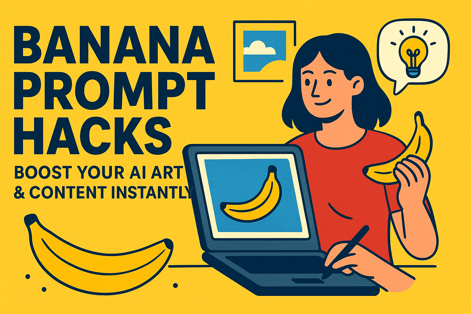 Illustration of a woman holding a banana while creating AI art on a laptop, symbolizing Banana Prompt Hacks for boosting creativity and content instantly.