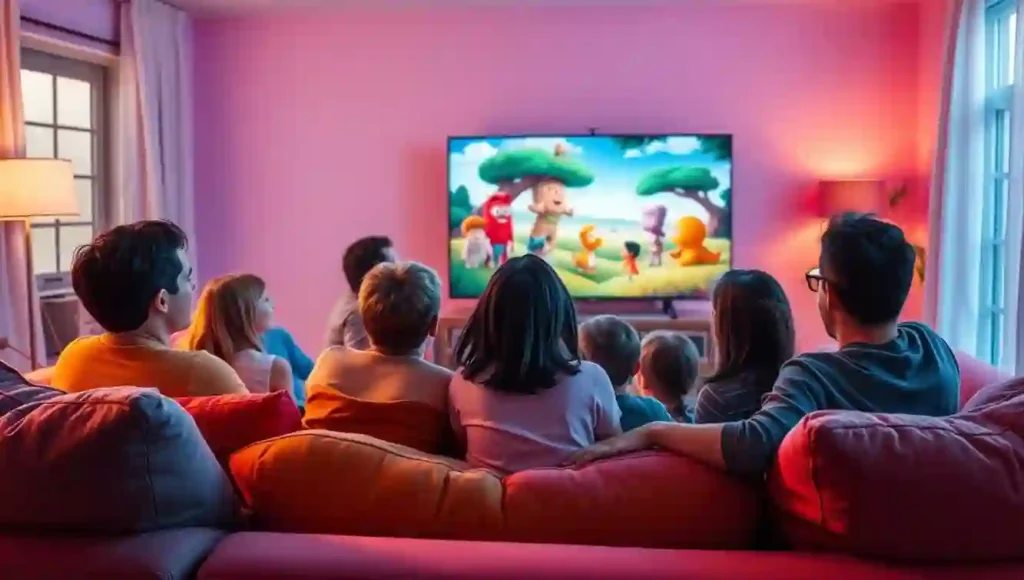 A cozy living room filled with plush furniture and vibrant colors, bathed in warm, soft lighting. In the center, a family gathers around a modern, sleek smart TV, immersed in a captivating cartoon streaming experience. The screen displays a whimsical, animated world, with vibrant characters and fluid, dynamic movements. The room's atmosphere is one of relaxation and enjoyment, with the family members leaning in, eyes wide with wonder and delight. The scene conveys the ideal, comfortable setting for an optimal cartoon streaming experience.