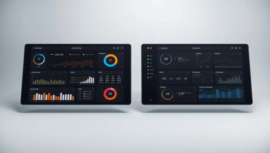 A sleek, modern control panel dashboard comparison, captured in a wide, high-resolution studio shot. The two dashboards are positioned side-by-side, highlighting their distinct layouts and design elements. The left dashboard features a minimalist aesthetic with clean lines and intuitive icons, while the right dashboard offers a more detailed, data-rich interface. Soft, directional lighting casts subtle shadows, enhancing the depth and texture of the surfaces. The camera angle is slightly elevated, providing an overview of the entire scene. The background is a neutral, uncluttered space, allowing the dashboards to take center stage and their differences to be easily discerned.