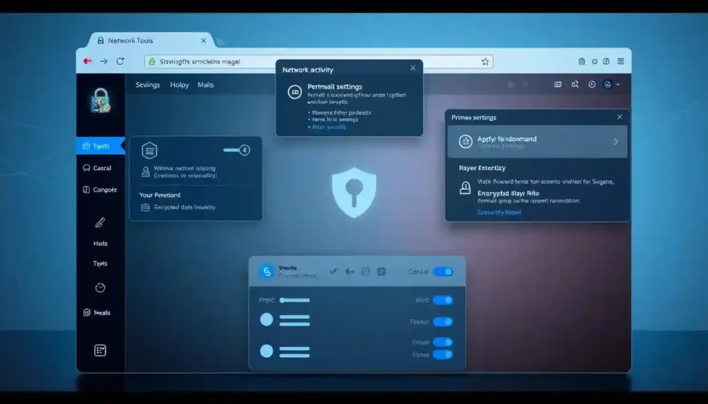 A sleek, modern web browser interface with a focus on security and privacy features. In the foreground, a central dashboard showcases various security tools and toggles, allowing the user to customize their browsing experience. In the middle ground, floating windows display detailed information about network activity, permission settings, and encrypted data transmission. The background features a minimalist, gradient-based design with subtle geometric patterns, conveying a sense of technological sophistication. The lighting is cool and subdued, emphasizing the seriousness of the security features. The camera angle is slightly elevated, giving the viewer a comprehensive view of the browser's security-focused capabilities.