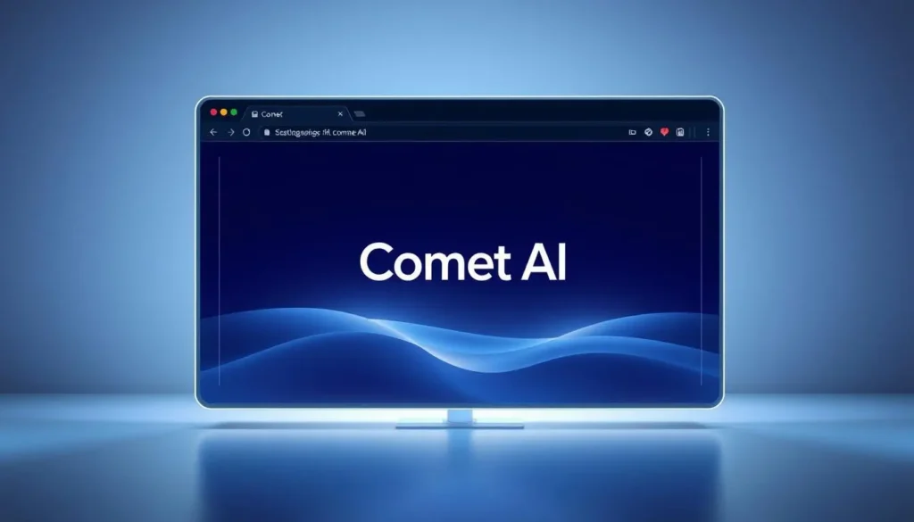 A futuristic and sleek web browser interface with a prominent &quot;Comet AI&quot; logo in the center. The browser window is presented against a clean, minimalist background with subtle gradients and geometric shapes, creating a sense of modernity and technological advancement. The browser's user interface features intuitive controls, smooth animations, and a crisp, high-resolution display. Soft, directional lighting illuminates the scene, highlighting the browser's elegant design and creating a sense of depth and dimension. The overall atmosphere conveys a sense of innovation, efficiency, and a seamless digital experience.