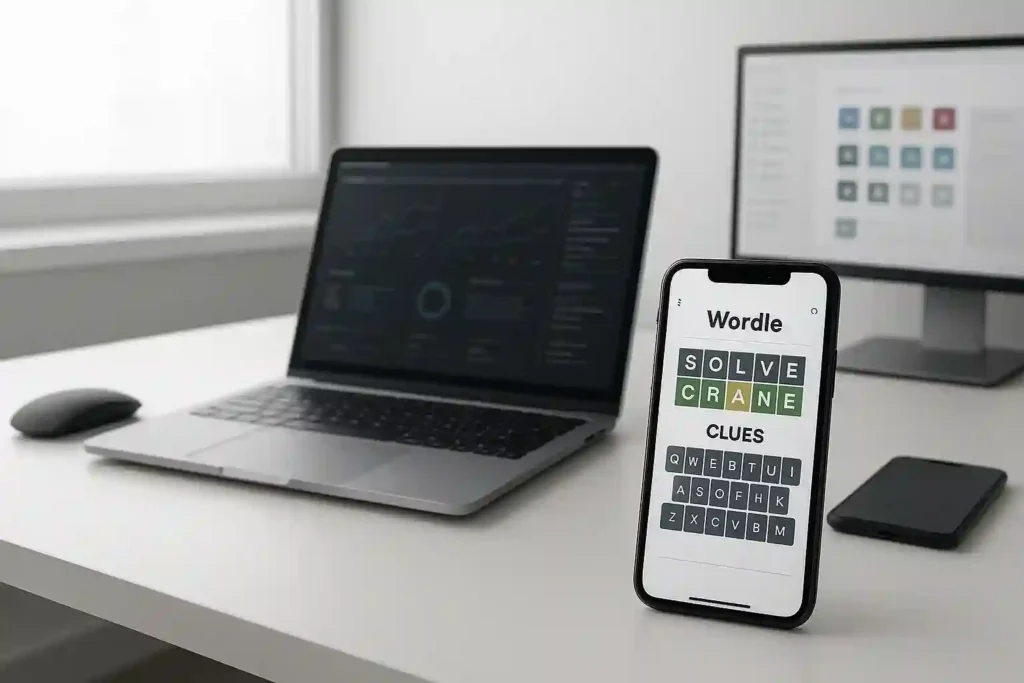A minimalist, clean-lined workspace with a laptop, smartphone, and various digital tools arranged neatly on a sleek, modern desk. The scene is illuminated by soft, diffused natural light flooding in through a large window, creating a serene, productive atmosphere. In the foreground, a smartphone displays a Wordle game screen, hinting at the focus of the scene. The middle ground features a laptop with analysis software and algorithmic patterns, while the background showcases other productivity apps and resources. The overall composition conveys a sense of efficiency, technology-driven problem-solving, and a methodical approach to cracking the Wordle puzzle.