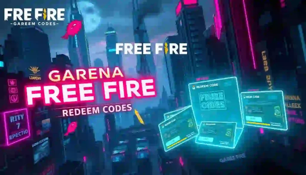 Neon-lit cityscape at night with digital screens displaying "Garena Free Fire Redeem Codes." Futuristic, vibrant, and immersive gaming theme.