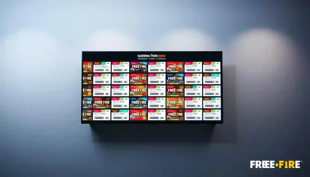 A digital display showcasing an assortment of "Garena Free Fire Max" redeem codes, presented against a sleek, minimalist backdrop. The codes are neatly arranged in a grid-like formation, their vibrant colors and distinct patterns immediately catching the eye. The overall composition exudes a sense of order and organization, subtly hinting at the comprehensive nature of the compiled list. Soft, diffused lighting illuminates the scene, creating a clean and professional aesthetic. The image conveys the idea of a carefully curated collection of redeemable in-game items, ready to be claimed by the viewer.