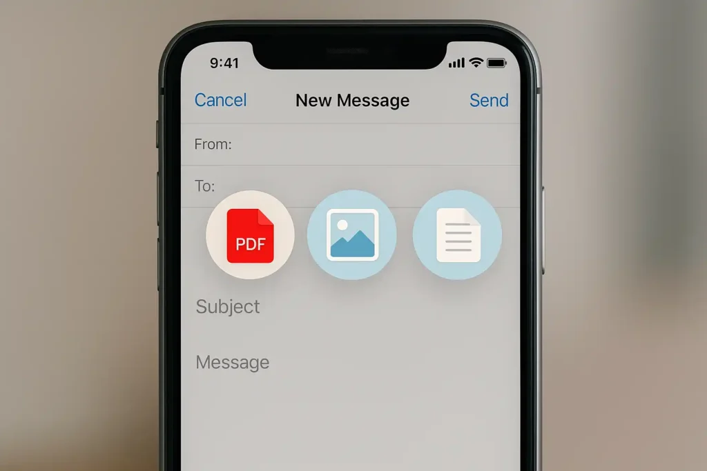 A neatly organized iPhone screen, showcasing the elegant email app interface. In the foreground, a series of file attachment icons - PDF, image, and document - hover above an open email message. The middle ground features the email composer, with a crisp, minimalist design. The background subtly blurs, creating a sense of depth and focus on the central attachment management workflow. Soft, neutral lighting illuminates the scene, lending a professional, productive atmosphere. The overall composition emphasizes the intuitive, streamlined process of managing email attachments on an iPhone.