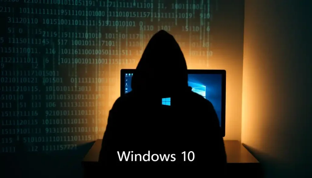 A dimly lit room, shadows cast across a desktop computer displaying the Windows 10 logo. In the foreground, a figure in a dark hooded cloak, symbolizing the looming security threats. The background is a maze of binary code and glitching digital patterns, evoking the complexities and vulnerabilities of the outdated operating system. Soft, eerie lighting illuminates the scene, creating a sense of unease and danger. The angle is slightly tilted, adding an unsettling, ominous feel to the composition. The overall atmosphere conveys the gravity of the security risks associated with running an unsupported version of Windows 10.