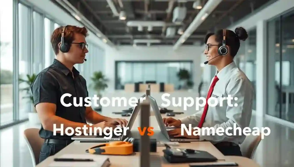 A modern, minimalist office setting showcasing a customer support comparison between Hostinger and Namecheap. In the foreground, two customer service representatives, one in a Hostinger uniform and the other in a Namecheap uniform, engaged in a friendly discussion. The middle ground features their respective workstations, with laptops, headsets, and neatly organized stationery. The background depicts a clean, well-lit open-plan office with floor-to-ceiling windows, providing a sense of professionalism and efficiency. The lighting is soft and even, with a warm, inviting tone that creates a comfortable atmosphere. The camera angle is slightly elevated, capturing the scene from a slightly bird's-eye view to convey a sense of authority and oversight.