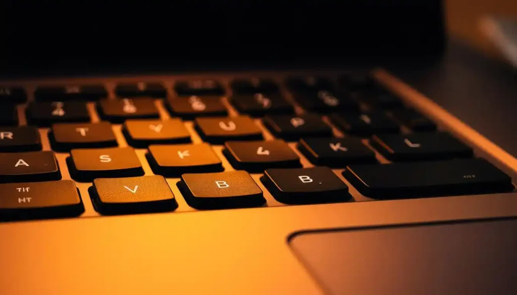 Close-up of a laptop keyboard dimly lit by warm orange light, highlighting keys with a soft glow, creating a cozy and focused ambiance.