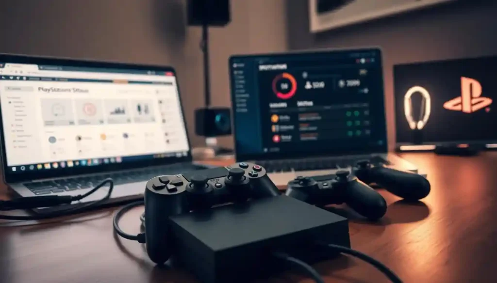 A modern gaming setup with a PlayStation console, a laptop displaying real-time server status, and various troubleshooting tools. The scene is lit by a soft, warm light, creating a calm and focused atmosphere. The PlayStation is positioned prominently, with cables and controllers neatly arranged. The laptop screen shows a web interface with indicators and graphs, providing a clear visual representation of the network's current status. In the background, there are subtle references to the PlayStation brand, such as a subtle logo or branding elements, reinforcing the context. The overall composition conveys a sense of troubleshooting and problem-solving, with a clean and professional aesthetic.