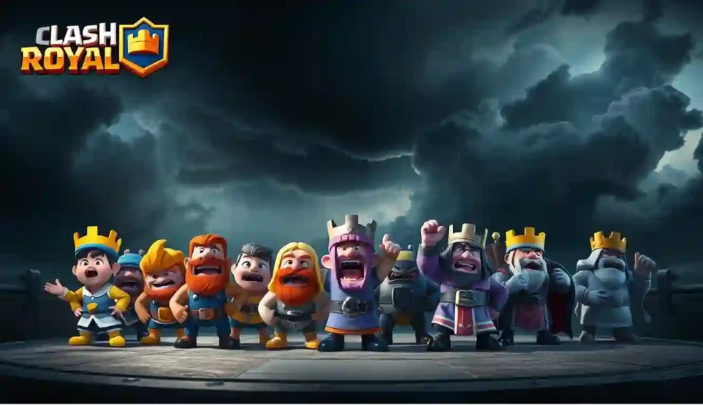 Clash Royale emotes displayed on a dark, moody backdrop. Foreground features an array of the game's iconic emotes - a laughing prince, a shocked wizard, and a triumphant king, among others. Emotes rendered in a vibrant, cartoonish style, cast in dramatic lighting and shadow. Middleground shows a gritty, metallic stage with battle-worn elements. Background depicts a storm-swept sky with turbulent clouds, creating a sense of intensity and competition. Subtle lens flares and depth of field blur accentuate the cinematic feel. Overall, the image conveys the thrill and spectacle of Clash Royale's emote system.